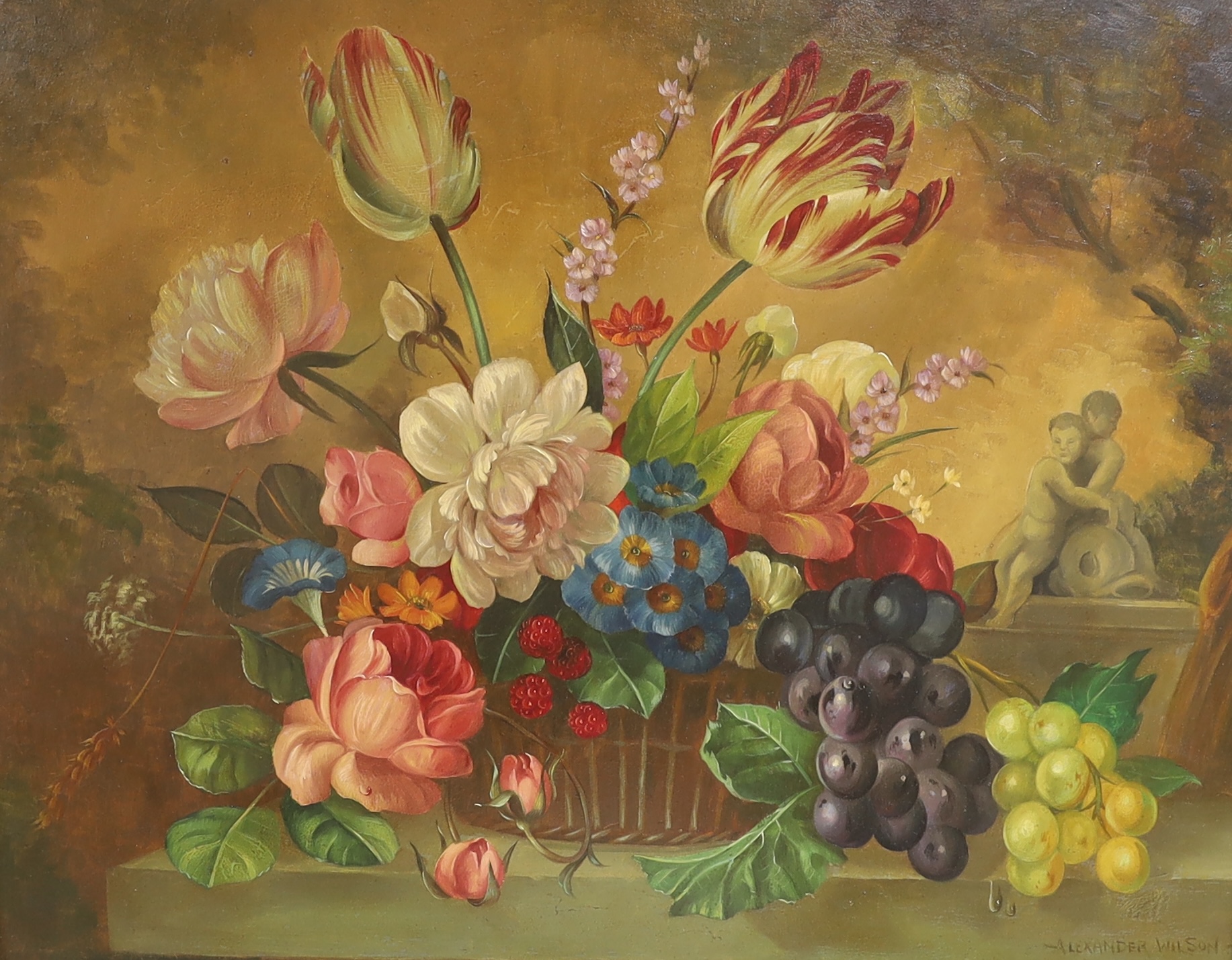 Alexander Wilson (20th C.), oil on board, Still life of flowers in a basket upon a ledge, signed, 39 x 49cm